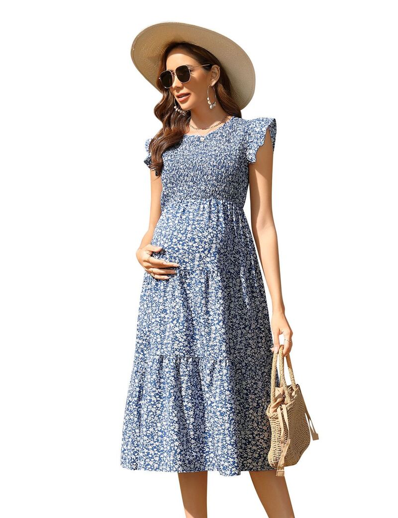 エリートチョイス レディース トップス ワンピース ミディ マタニティ Elitechoice Women's Maternity Round Neck Short Sleeve Midi Dress Blue ブルー|ReVida 店