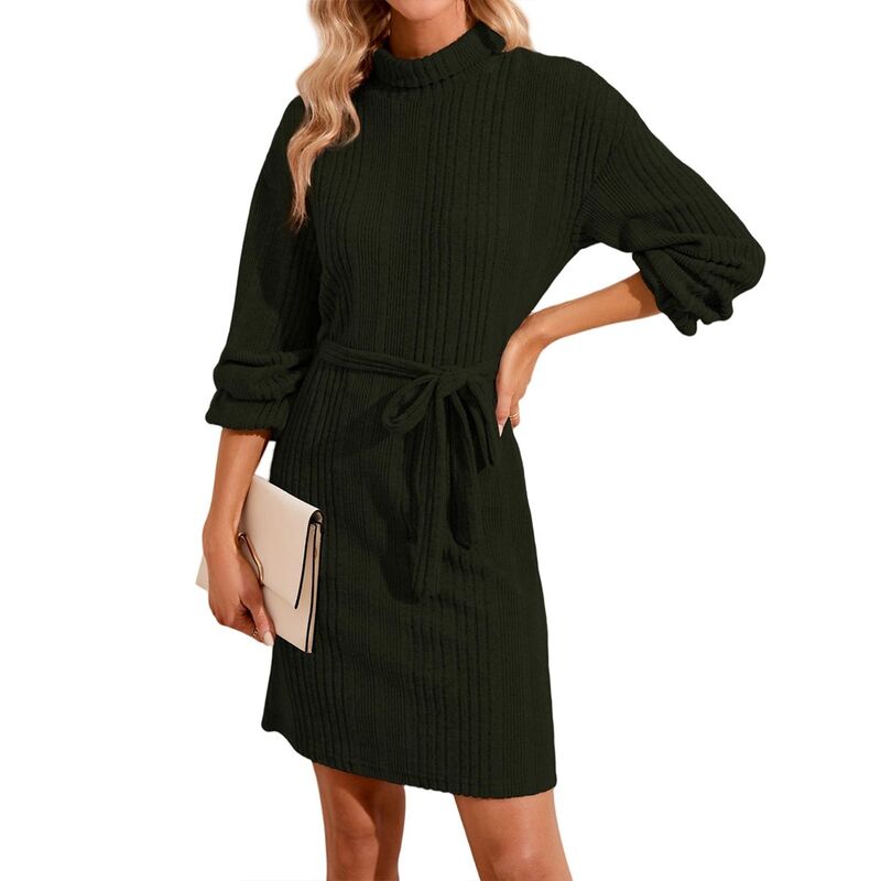 エリートスピリット レディース トップス ワンピース タートルネック セーター ニット EliteSpirit Women Mock Turtleneck Long Lantern Sleeve Self Tie Rib-Knit Dress Casualoose Sweater Dresses Army Green グリーン|ReVida 店