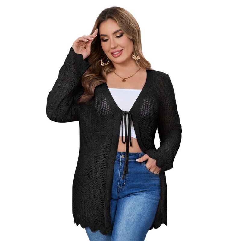 イエスファッション レディース アウター ニット・セーター プラスサイズ カーディガン コート Yesfashion Women's Plusize Crochet Cardigan Lightweightie Front Hollow Out Long Sleeves Knit Cover Coat Black ブラック｜ReVida 店
