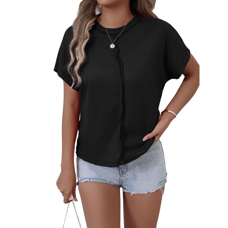 クリアフラワー レディース トップス Tシャツ クルーネック 半袖 ニット ClearFlower Women's Waffle-Knit Crew Neck Short-Sleeve T-Shirt Oversized Relaxed-Fit Casual Top Black ブラック｜ReVida 店