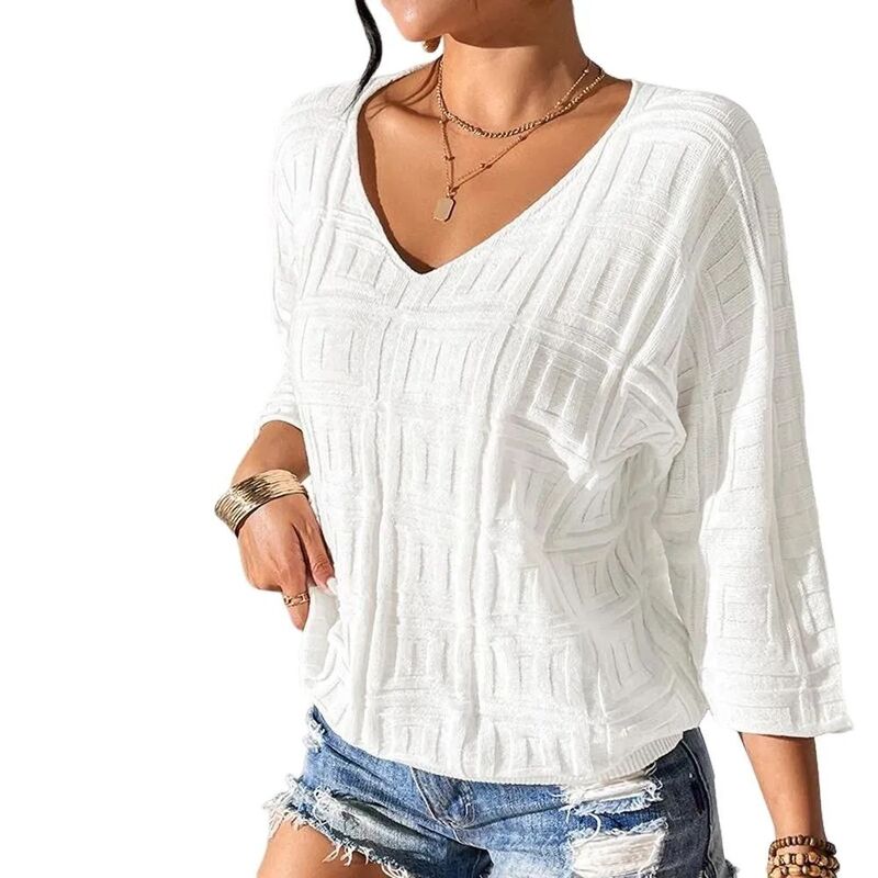 イエスファッション レディース トップス シャツ Vネック セーター ニット Yesfashion Women's V Neck Pullover Sweater Thin Knitted Casualoose Top withree Quarter Sleeves White ホワイト｜ReVida 店