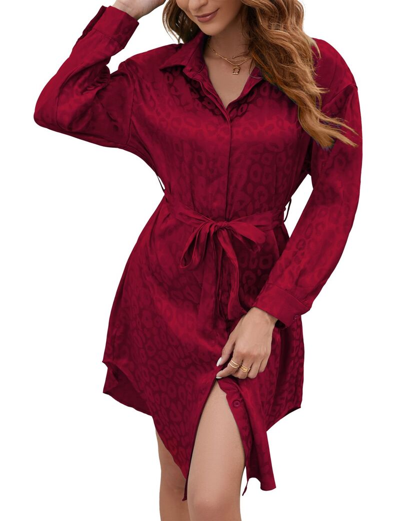 エリートチョイス レディース トップス ワンピース ボタンダウン ミディ シャツ ダウン Elitechoice Women'shirt Dress Long Sleeve Button Down Belted Midi Dresses Wine Red レッド|ReVida 店