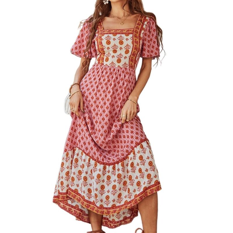 クリアフラワー レディース トップス ワンピース ヴィンテージ フラワー柄 プリント ミディ ClearFlower Women Square Neck Floral Print Dresshort Sleeve Midi Dress Romantic Vintage Summer Casual Dress Pink ピンク|ReVida 店