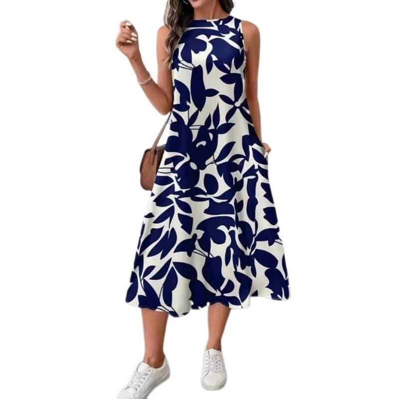 イエスファッション レディース トップス ワンピース クルーネック A ライン フラワー柄 ミディ ノースリーブ フラワー Yesfashion Women's Floral Midi Dressleeveless Crew Neck A Line for Casual Work Office Wear Blue ブルー｜ReVida 店