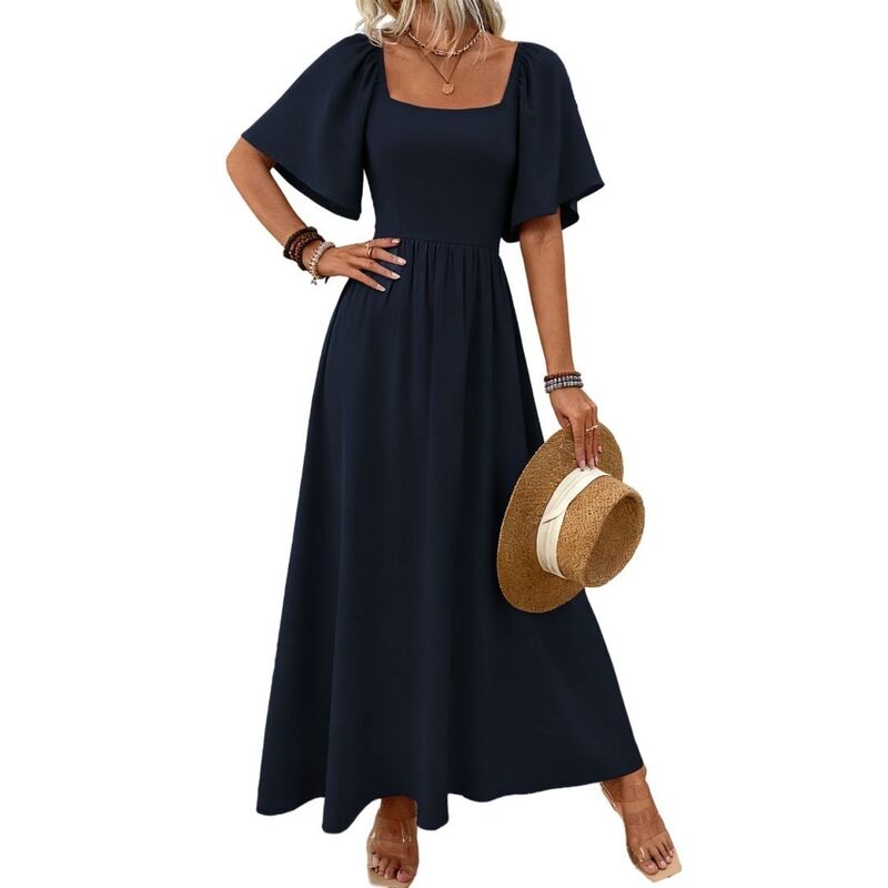 イエスファッション レディース トップス ワンピース A ライン ハイウエスト フリル シャーリング マキシ Yesfashion Womens Casual Square Neck Ruffle Short Sleeve Smocked High Waist A Line Maxi Dress Blue ブルー|ReVida 店