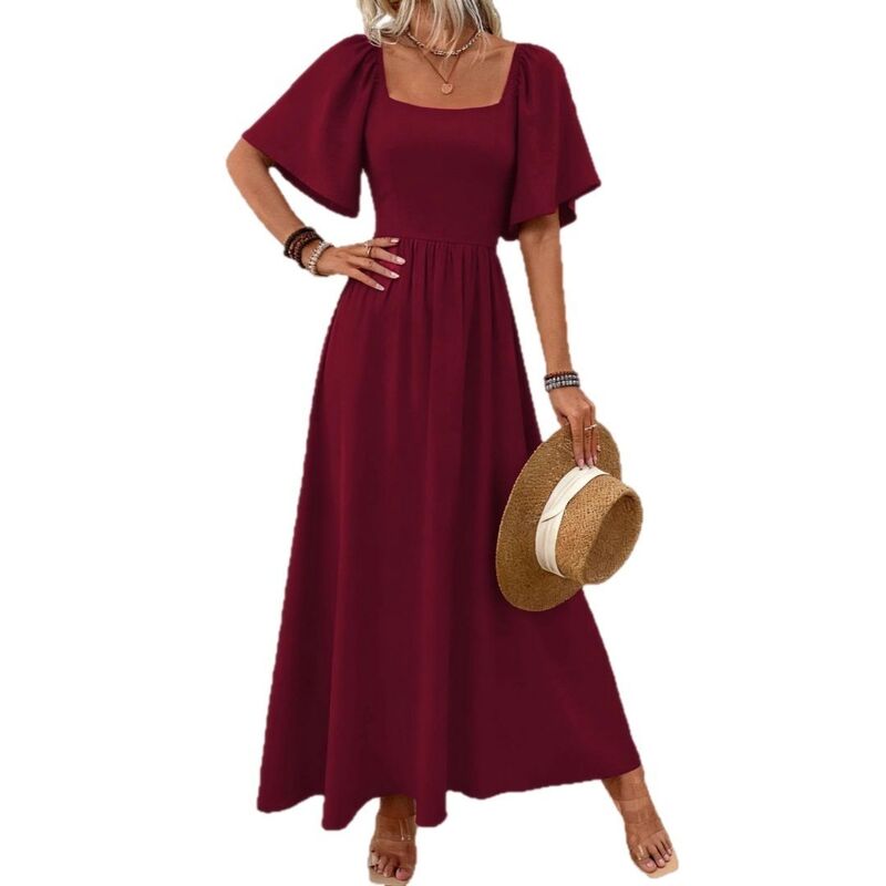 イエスファッション レディース トップス ワンピース A ライン ハイウエスト フリル シャーリング マキシ Yesfashion Womens Casual Square Neck Ruffle Short Sleeve Smocked High Waist A Line Maxi Dress Wine Red レッド｜ReVida 店