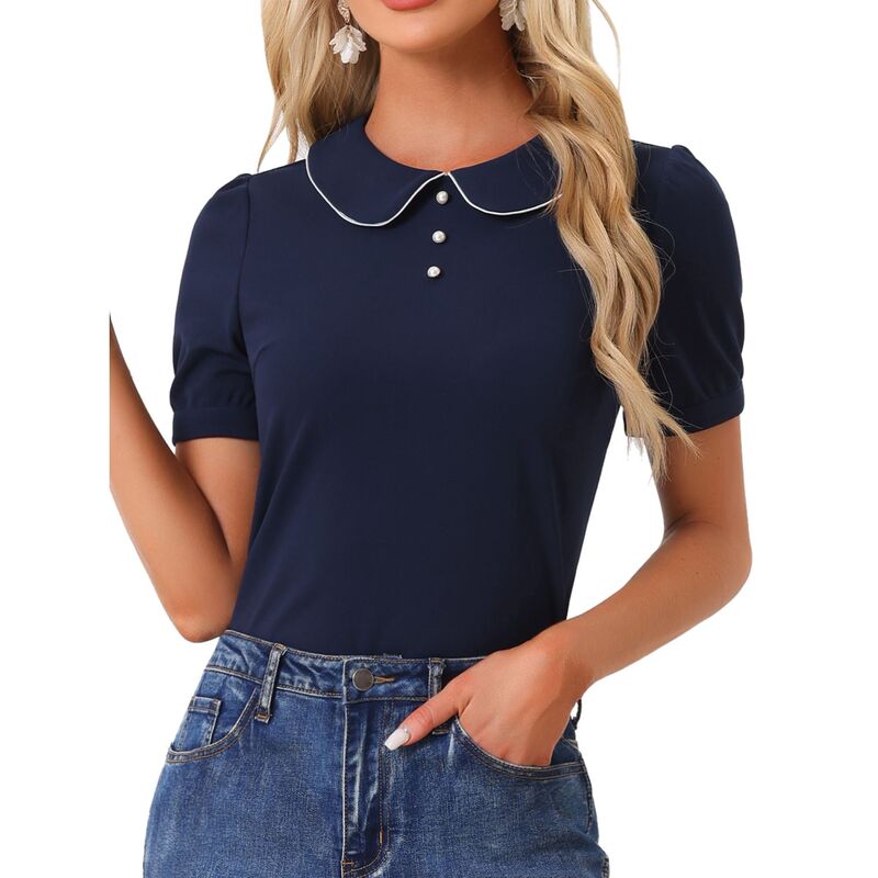 アレグラ ケー レディース トップス シャツ コントラスト ブラウス ALLEGRA K Women's Peter Pan Collar Contrastrim Short Sleeve Summer Blouse Top Navy Blue ネイビー｜ReVida 店