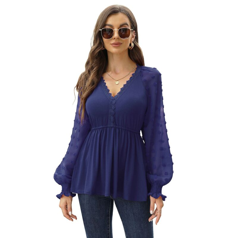 ミスキー レディース トップス シャツ Vネック ブラウス MISSKY Women &rsquo; s Long Sleeve Tunic Tops V Neck Swiss Dot Sleeve Casual Blouses T Shirts Navy Blue ネイビー｜ReVida 店