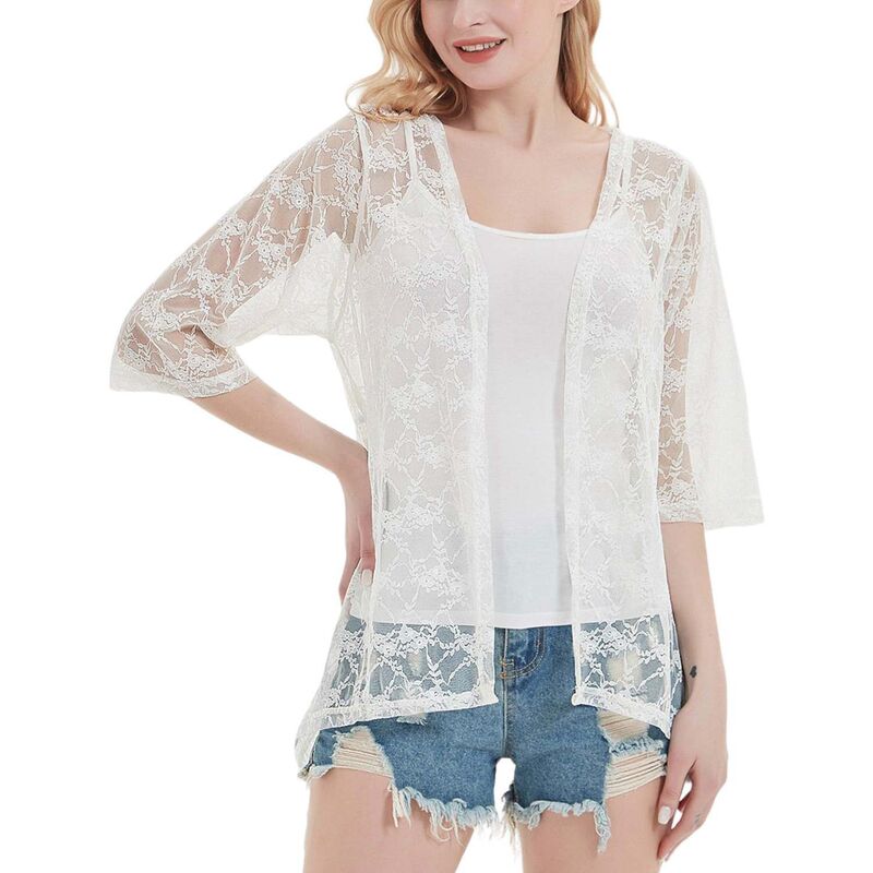 アンナカシ レディース トップス Tシャツ シアー カーディガン レース Anna-Kaci Women'sheer Lace Boho Kimono Shrug Cardigan White ホワイト｜ReVida 店