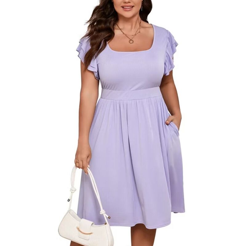 コジョイン レディース トップス ワンピース ハイウエスト プラスサイズ フリル ミディ Kojooin Women Plusize Midi Dresshort Ruffle Sleeves High Waist Casual Summer Dress with Pockets Purple パープル|ReVida 店