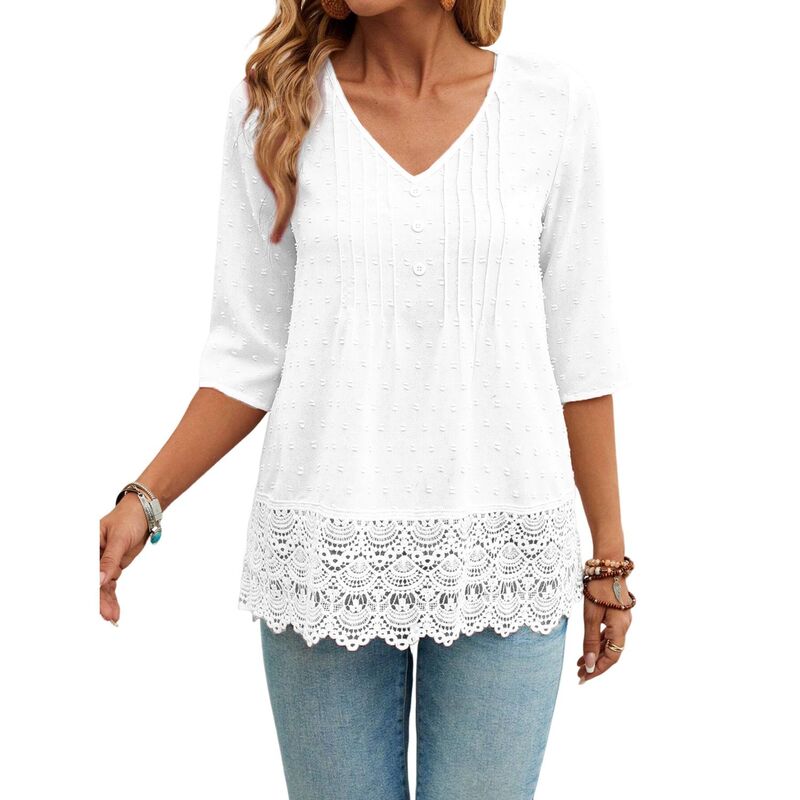 コジョイン レディース トップス シャツ Vネック レース Kojooin Women's V Neck 3/4 Lace Sleeve Tshirts Casual Summer Loose Fit Fashion Tops White ホワイト｜ReVida 店