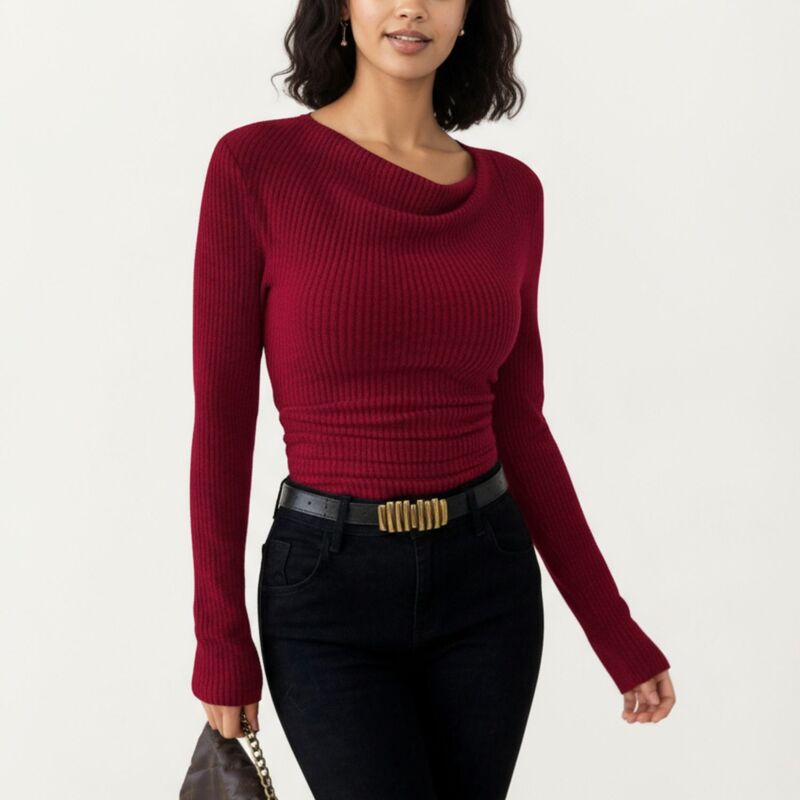 アンナカシ レディース トップス シャツ ドレープ リブ ニット Anna-Kaci Women's Long Sleeve Ribbed Knitop with Draped Cowl Neckline Burgundy バーガンディ｜ReVida 店