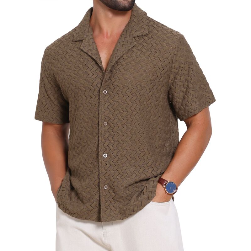 インスパイア シック レディース トップス Tシャツ INSPIRE CHIC Men's Hollow Jacquard Shirt Camp Collar Short Sleeve Beach Texture Shirts Brown ブラウン|ReVida 店