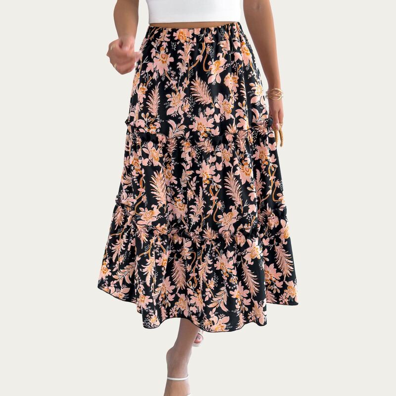アンナカシ レディース ボトムスカート ティアード フラワー柄 プリント フリル ミニ フラワー Anna-Kaci Women ’ s Floral Printiered Skirt with Ruffledetailing for Flattering Fit and Femininelegance Black ブラック|ReVida 店