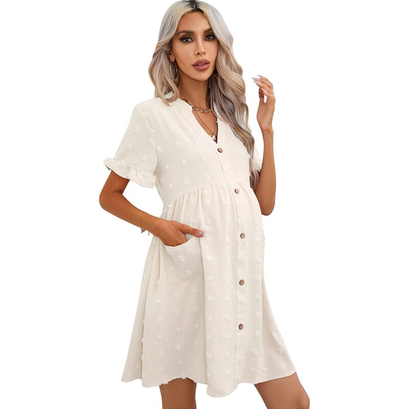 セオリア レディース トップス ワンピース ボタンダウン ミニ ダウン マタニティ Seoria Women Maternity Casual Swiss Dot Button Down Mini Dress with Pocket Apricot アプリコット|ReVida 店