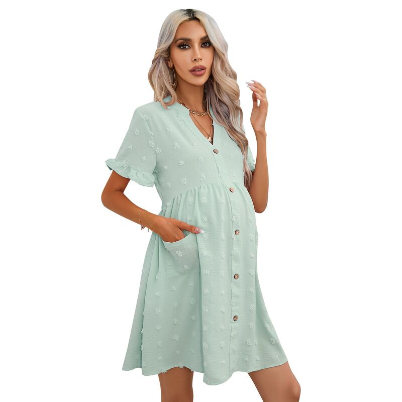 セオリア レディース トップス ワンピース ボタンダウン ミニ ダウン マタニティ Seoria Women Maternity Casual Swiss Dot Button Down Mini Dress with Pocket Light Green グリーン|ReVida 店