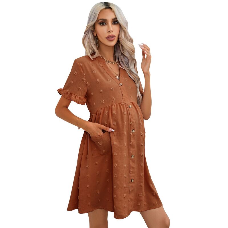セオリア レディース トップス ワンピース ボタンダウン ミニ ダウン マタニティ Seoria Women Maternity Casual Swiss Dot Button Down Mini Dress with Pocket Red レッド|ReVida 店