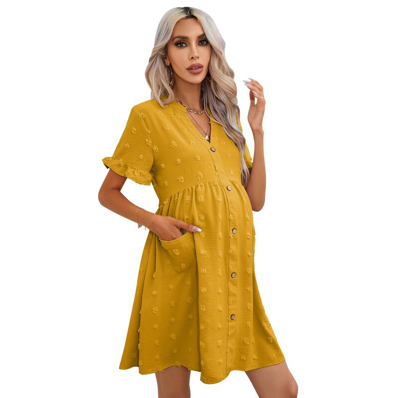 セオリア レディース トップス ワンピース ボタンダウン ミニ ダウン マタニティ Seoria Women Maternity Casual Swiss Dot Button Down Mini Dress with Pocket Yellow イエロー｜ReVida 店