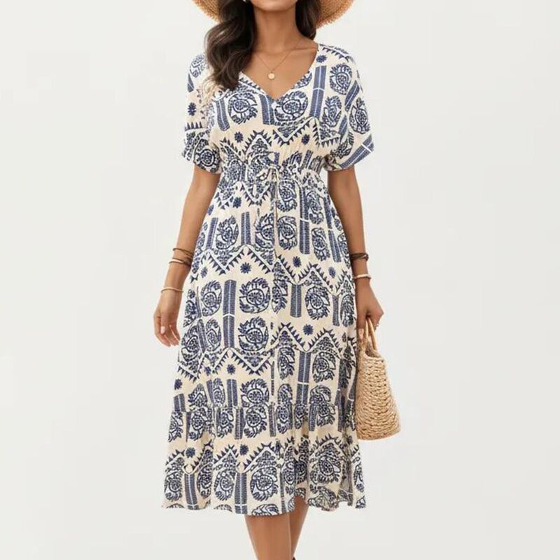 アンナカシ レディース トップス ワンピース Vネック ドローコードウエスト プリント ミディ Anna-Kaci V Neck Short Sleeve Printed Midi Dress with Drawstring Waist Blue ブルー|ReVida 店