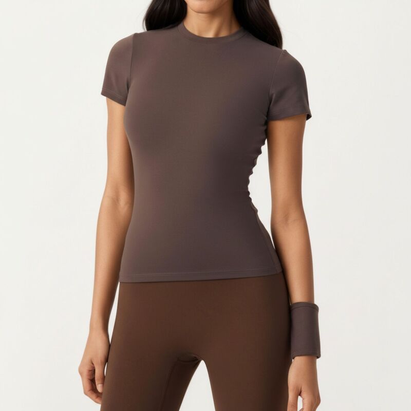アンナカシ レディース トップス Tシャツ クルーネック Anna-Kaci Women'short Sleeve Fitted Active T Shirt with Crew Neck and Stretch Performance Fabricoffee コーヒー｜ReVida 店