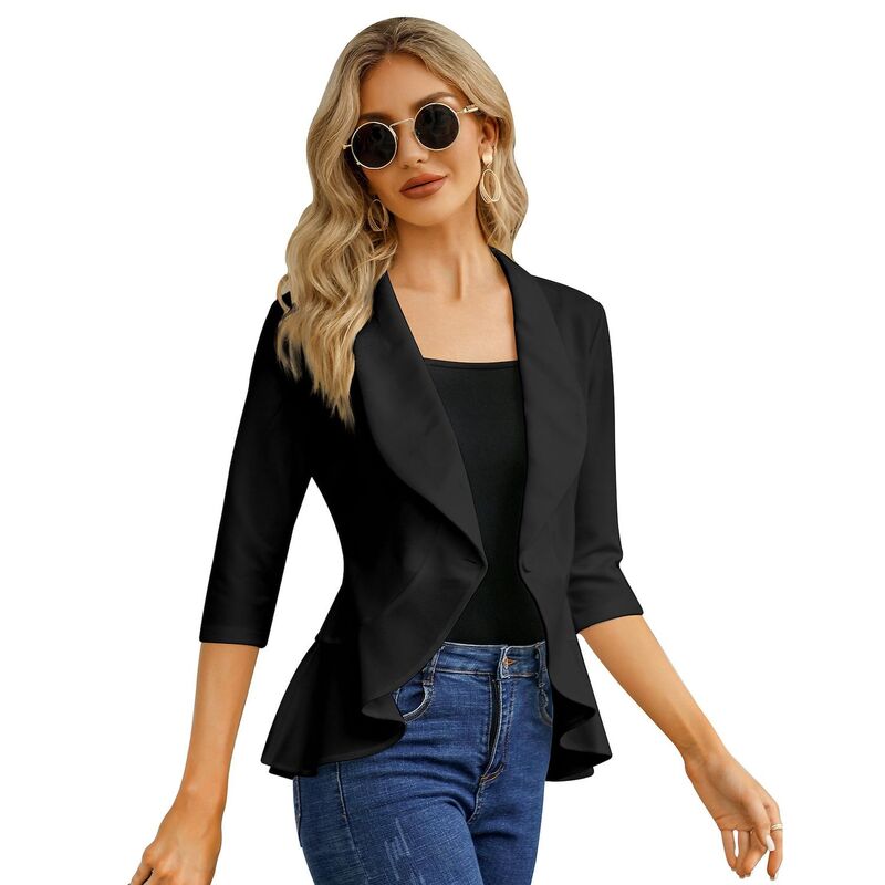 セオリア レディース アウター ジャケット・ブルゾン フリル裾 フリル カーディガン ブレザー Seoria Women's 3/4 Sleeve Casual Blazer Open Front Ruffle Hem Cardigan Jacket Black ブラック｜ReVida 店 10,904円