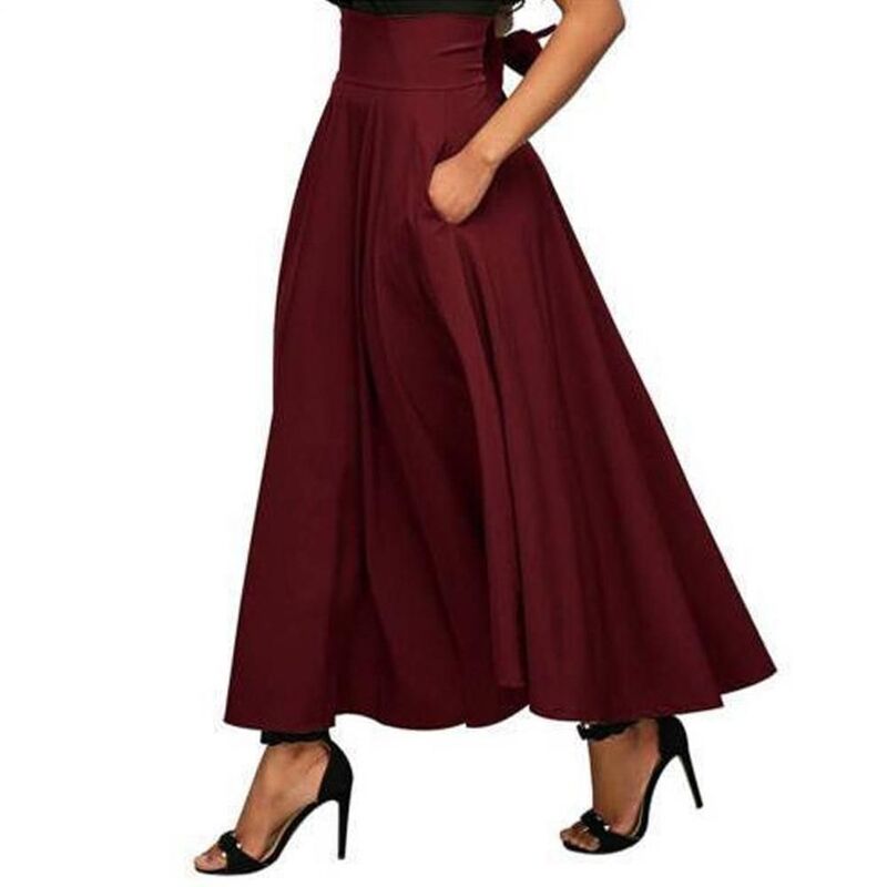 ボディサイズ レディース ボトムスカート A ライン ハイウエスト アンクル マキシ BODDYSIZE Women's Casual Anklengthigh Waist A-line Flowy Long Maxi Skirt with Pockets Wine Red レッド|ReVida 店