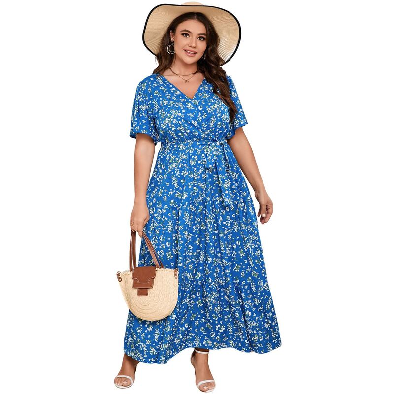 クリアフラワー レディース トップス ワンピース Vネック ティアード フラワー柄 プラスサイズ マキシ ClearFlower Plusize Floral Maxi Dress - Wrap V-Neck Tieredress with Belt Royal Blue ブルー｜ReVida 店