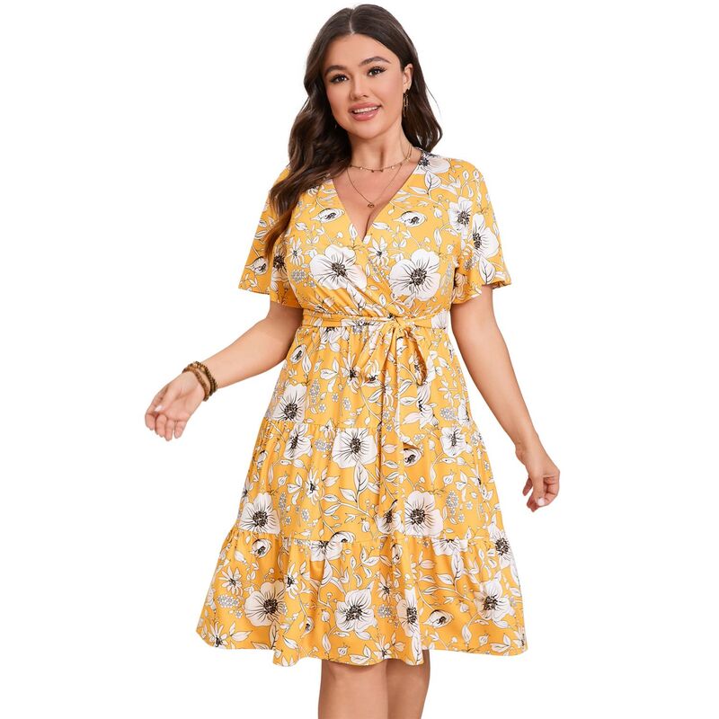 クリアフラワー レディース トップス ワンピース Vネック ティアード プラスサイズ フリル ミニ ClearFlower Plusize Wrap Mini Dress - V-Neck Tie Waistiered Ruffle Dress for Women Yellow Flower イエロー｜ReVida 店