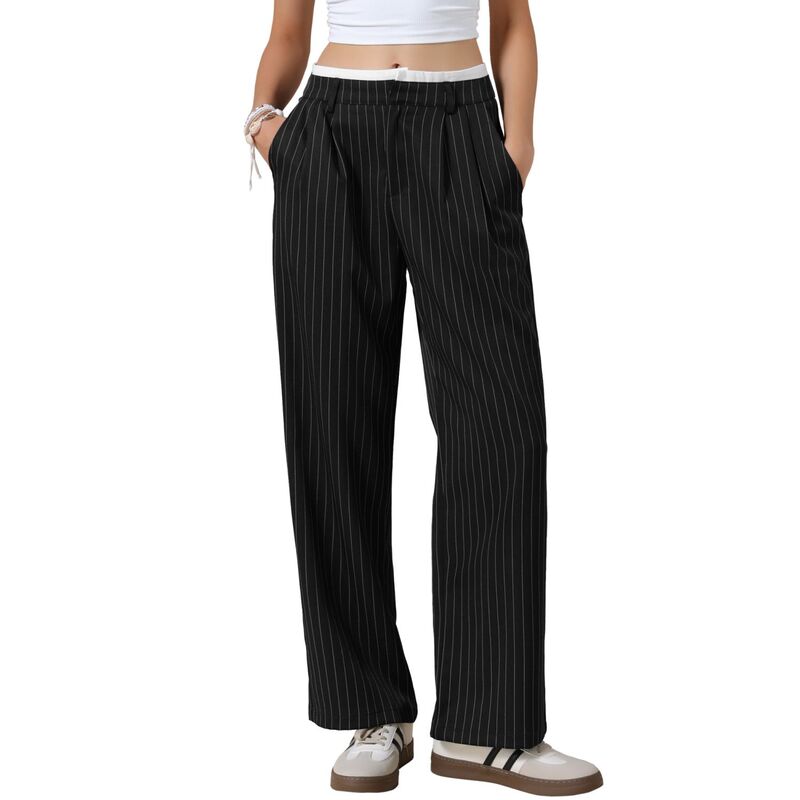 インスパイア シック レディース ボトムス カジュアルパンツ ワイドレッグ INSPIRE CHIC Striped Pants for Women High Waisted Wide Leg Casual Work Long Pants Black ブラック｜ReVida 店
