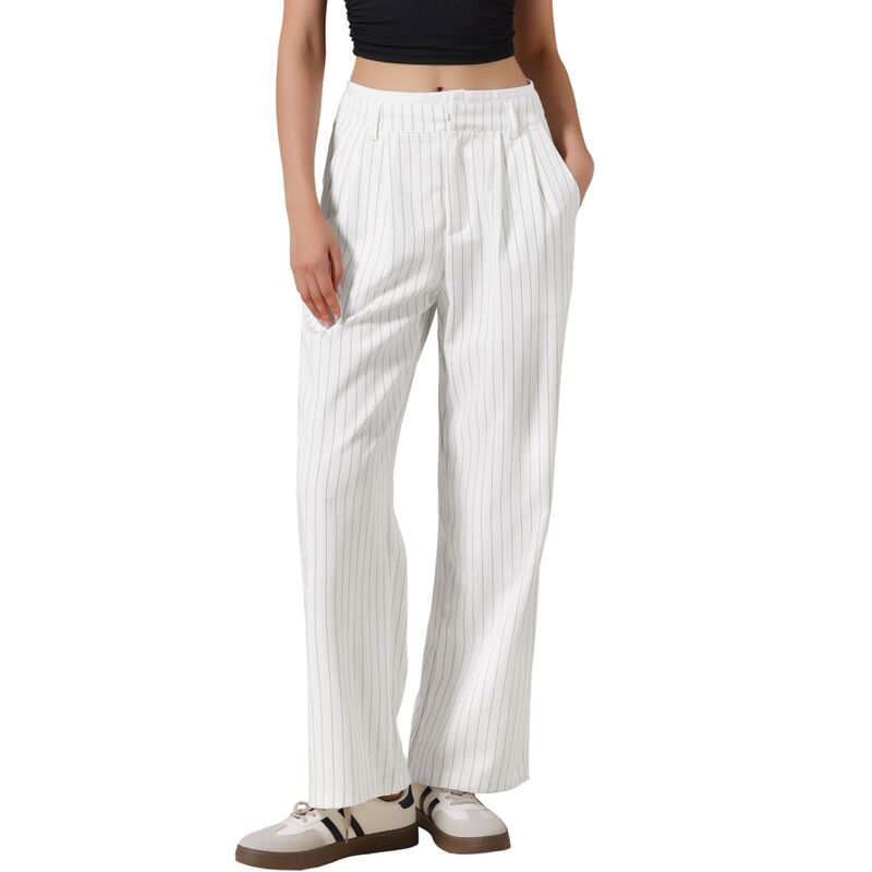 インスパイア シック レディース ボトムス カジュアルパンツ ワイドレッグ INSPIRE CHIC Striped Pants for Women High Waisted Wide Leg Casual Work Long Pants White ホワイト|ReVida 店