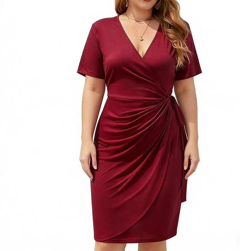 エリートスピリット レディース トップス ワンピース Vネック プラスサイズ EliteSpirit Women's Plusize Sheath Dress V Neck Short Sleeve Wrap Dress with Tie Waist Red レッド|ReVida 店