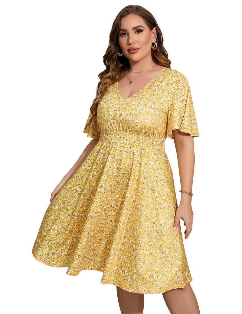 ファンジュライ レディース トップス ワンピース Vネック プラスサイズ ミディ FUNJULY Women's Plusize Short Sleeve V-Neck Midi Dress Yellow イエロー|ReVida 店