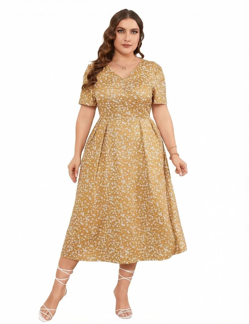 ファンジュライ レディース トップス ワンピース Vネック プラスサイズ ミディ FUNJULY Women's Plusize Short Sleeve V-Neck Loose Casual Summer Midi Dress Yellow Flower イエロー｜ReVida 店