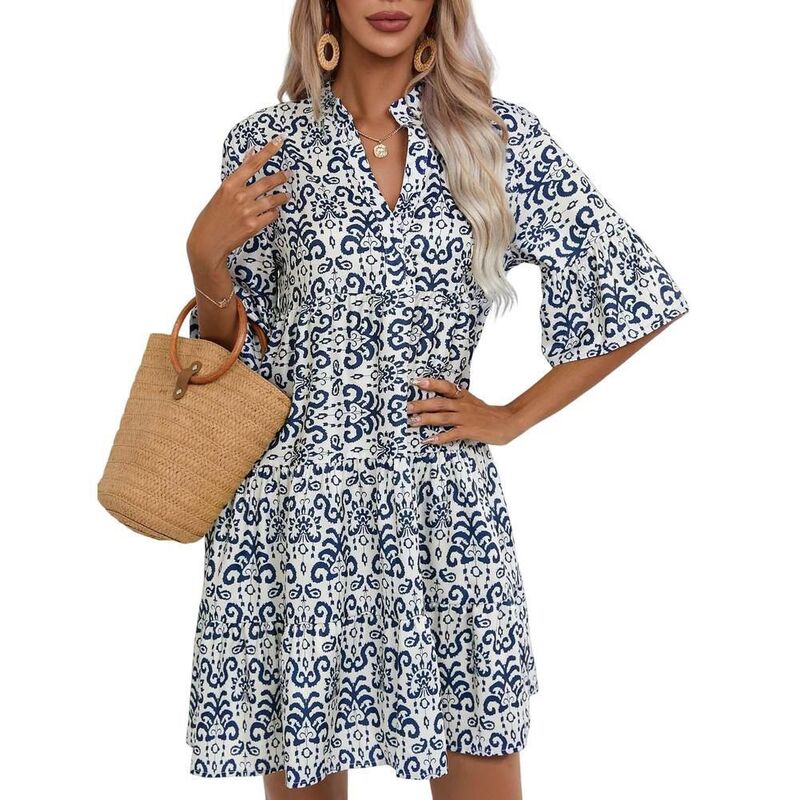 エリートチョイス レディース トップス ワンピース Vネック ミディ Elitechoice Women'short Sleeve V-Neck Casualoose Fit Midi Dress Blue ブルー|ReVida 店