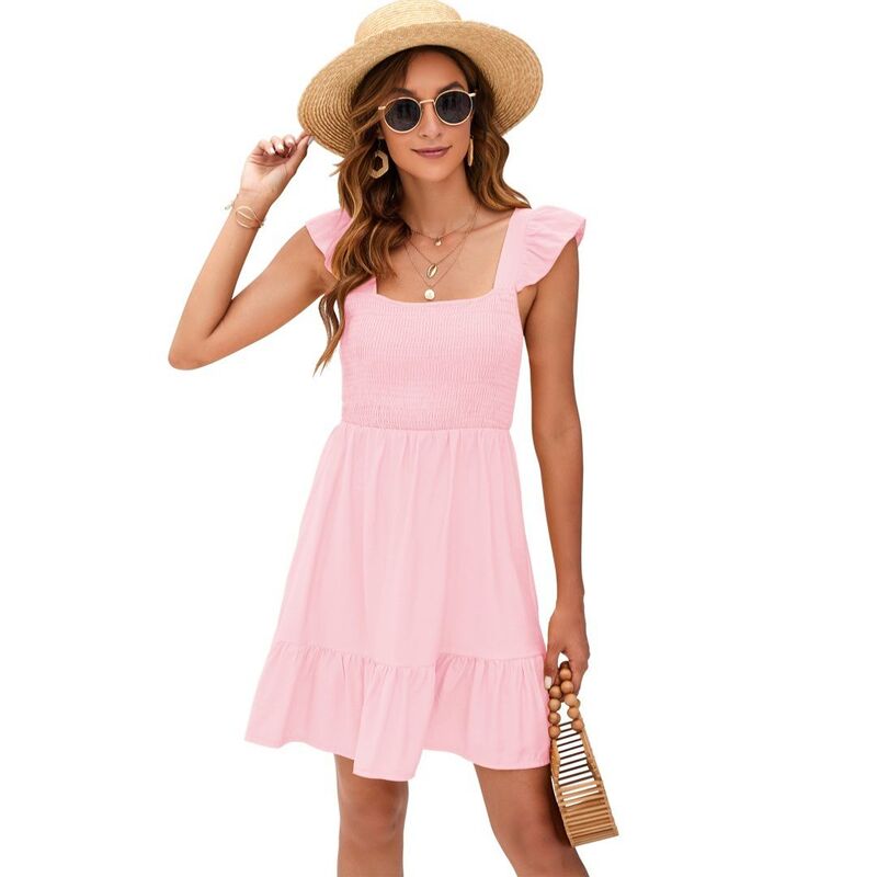 ボディサイズ レディース トップス ワンピース 背中開き フリル ミニ BODDYSIZE Women's Flowy Casual Dressummer Square Neck Ruffled Backless Tie waist Mini Dress Pink ピンク｜ReVida 店