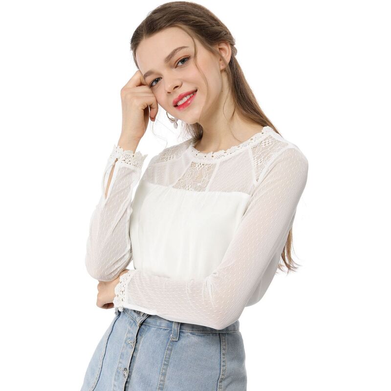 アレグラ ケー レディース トップス シャツ シフォン フラワー柄 ブラウス レース フラワー ALLEGRA K Women's Round Neck Casual Blouses Lace Floralong Sleeve Chiffon Tops White ホワイト｜ReVida 店