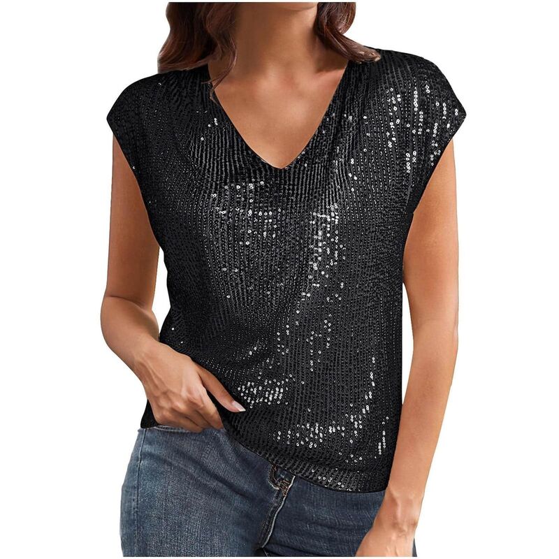 コジョイン レディース トップス シャツ Vネック スパンコール ノースリーブ Kojooin Women Sequin Top Sparkle Sleevelesshimmer Tanks Topsummer V Neck Fashion Shirts for Party Night Black ブラック｜ReVida 店 9,571円