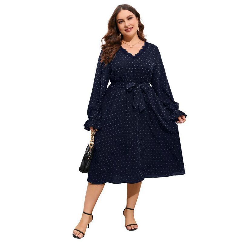 イエスファッション レディース トップス ワンピース Vネック プラスサイズ Yesfashion Womens Plus Wrap V Neck Swiss Dot Lantern Sleeve Swing Boho Casual Dresses Fall Weddinguest Dress Navy Blue ネイビー｜ReVida 店