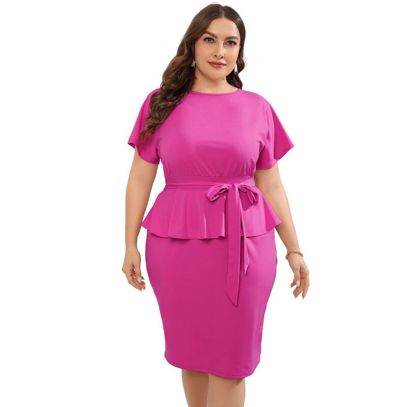 クリアフラワー レディース トップス ワンピース プラスサイズ ミディ ClearFlower Women Plusize Bodycon Elegant Midi Dress Peplum Business Work Office Pencil Cocktail Party Dress Rose Red レッド｜ReVida 店