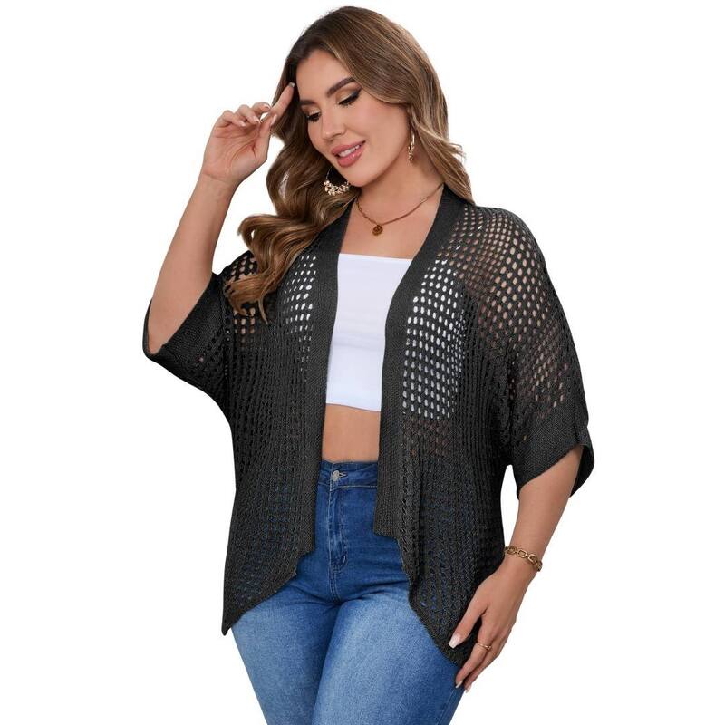 ボディサイズ レディース アウター ニット・セーター プラスサイズ カーディガン BODDYSIZE Women's Plusize Boho Lightweight Crochet Cardigan Short Sleeve Kimonos Open Front Knitted Cardigan Black ブラック｜ReVida 店