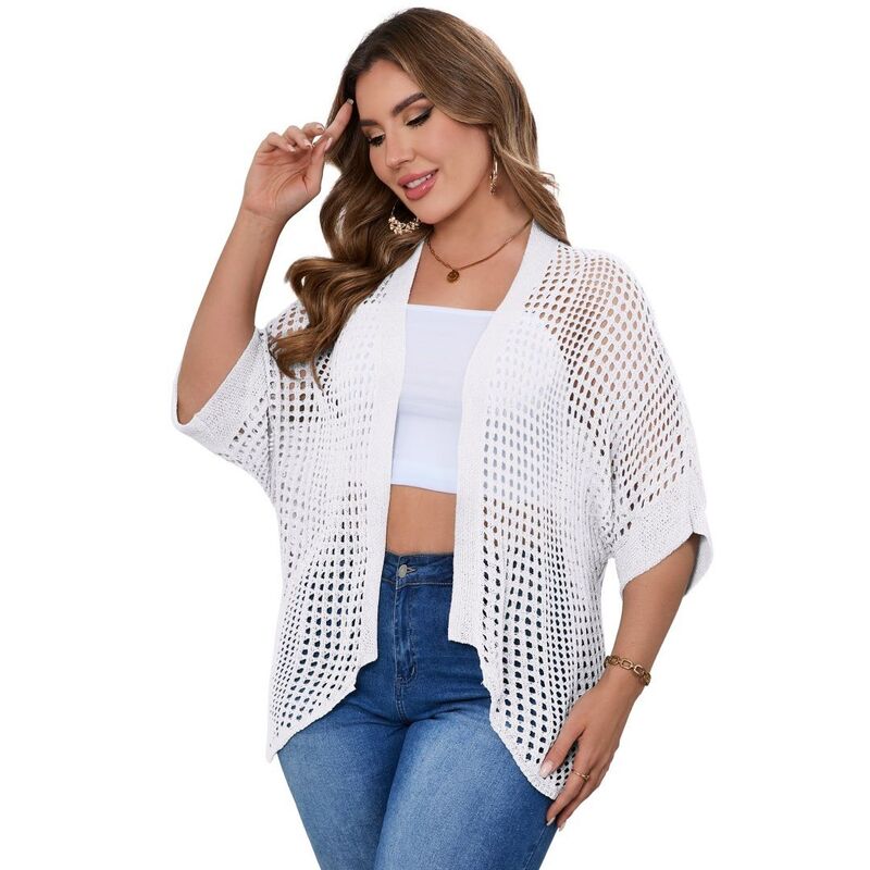 ボディサイズ レディース アウター ニット・セーター プラスサイズ カーディガン BODDYSIZE Women's Plusize Boho Lightweight Crochet Cardigan Short Sleeve Kimonos Open Front Knitted Cardigan White ホワイト｜ReVida 店