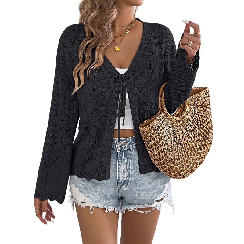 エリートスピリット レディース アウター ニット・セーター Vネック カーディガン EliteSpirit Women's V Neck Tie Front Open Knit Cardigan with Bell Sleeves and Scalloped Hem Tops Black ブラック｜ReVida 店