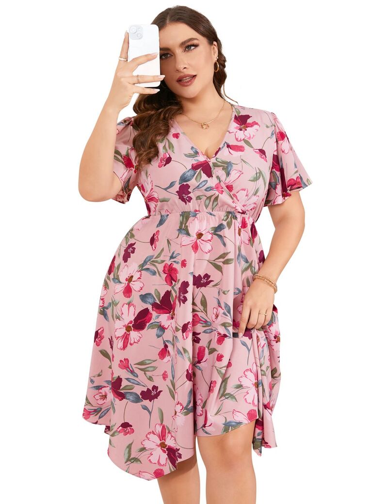 エリートチョイス レディース トップス ワンピース Vネック プラスサイズ Elitechoice Women's Plusize V-Neck Short Sleeve Dress Pink Flower ピンク|ReVida 店