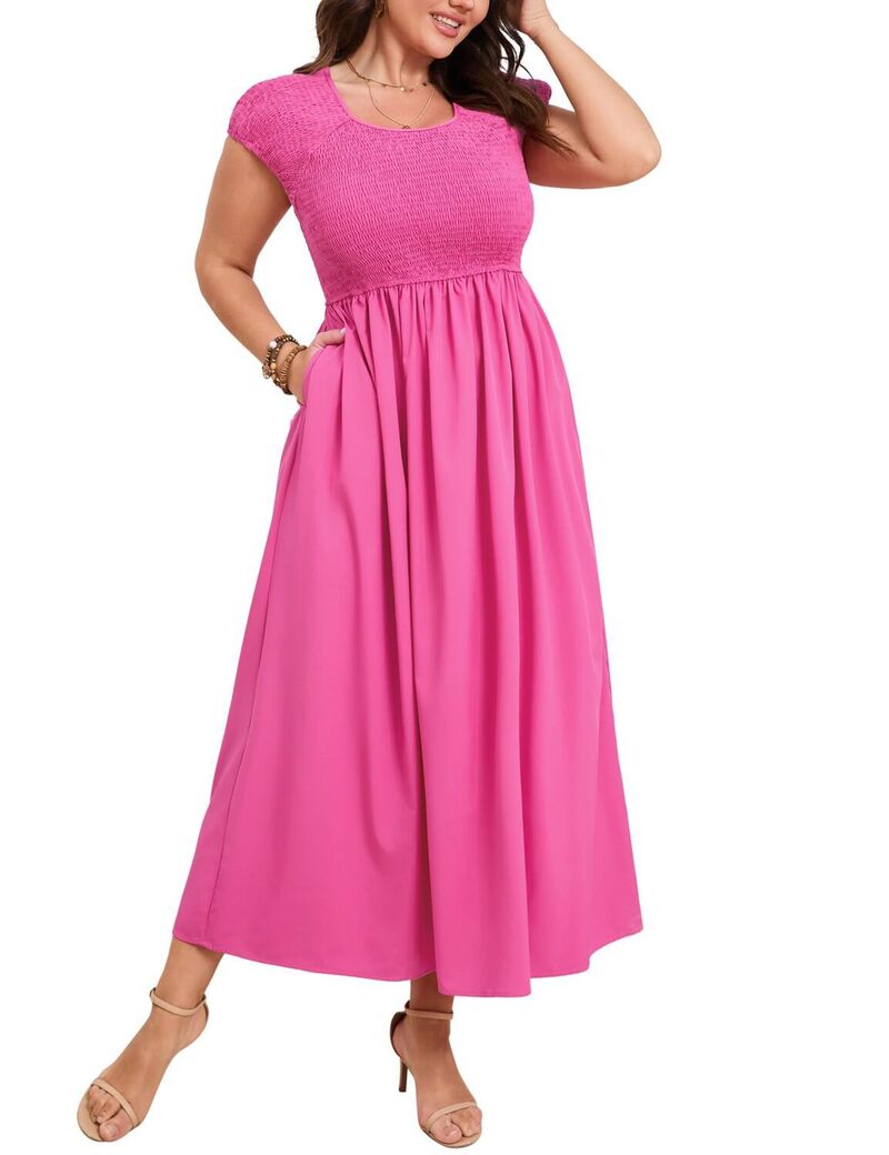 ファンジュライ レディース トップス ワンピース クルーネック プラスサイズ FUNJULY Women's Plusize Crewneck Shirred Short Sleeve Swing Dress Hot Pink ピンク|ReVida 店