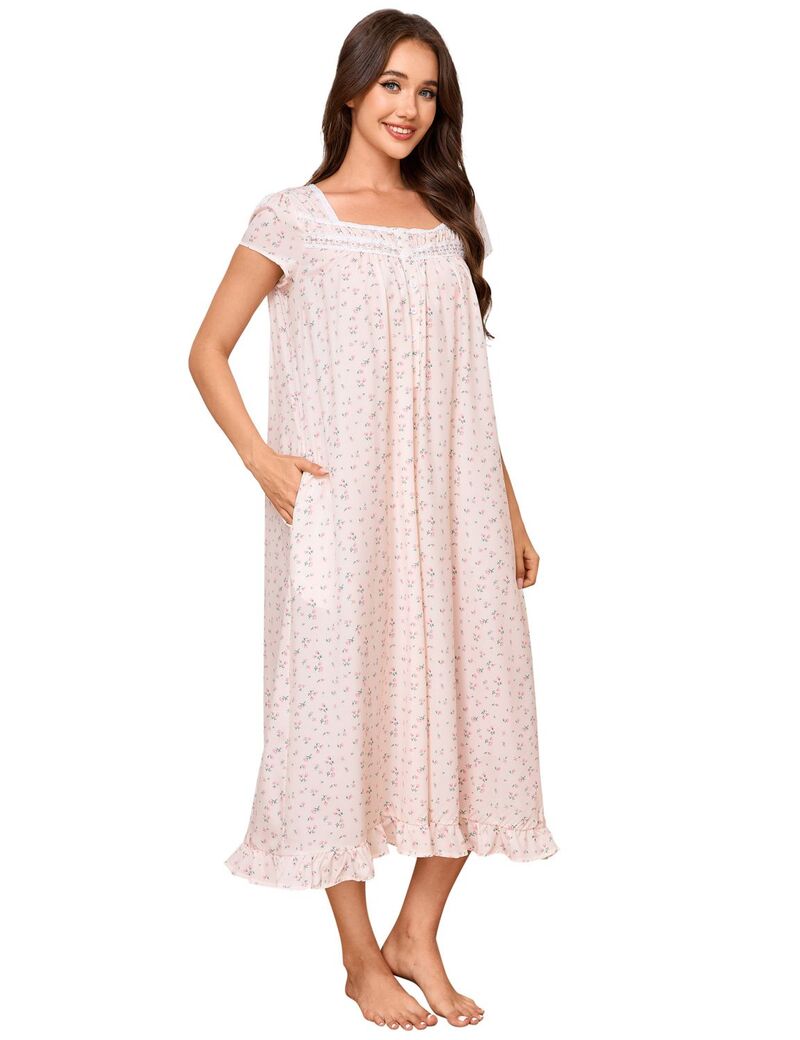 エリートチョイス レディース アンダー御召しもの ナイト爵御召しもの 刷り上げる Elitechoice Women\u0027square Neck Short Sleeve Nightgown Print Shift with Pockets Apricot 杏