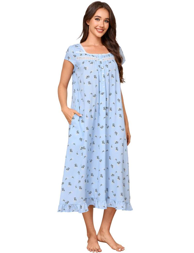 エリートチョイス レディース アンダー御召しもの ナイト爵御召しもの 刷り上げる Elitechoice Women\u0027square Neck Short Sleeve Nightgown Print Shift with Pockets Blue 青み
