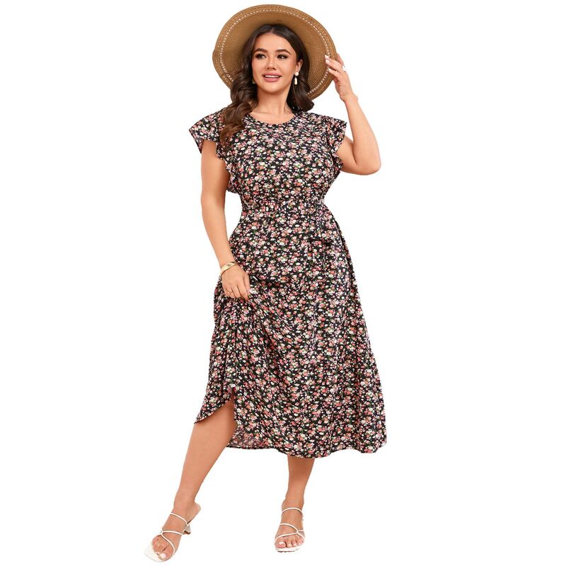コジョイン レディース トップス ワンピース フラワー柄 プラスサイズ プリント フリル フラワー Kojooin Plusize Women Floral Print Flowy Ruffle Dress with Belt Black ブラック｜ReVida 店