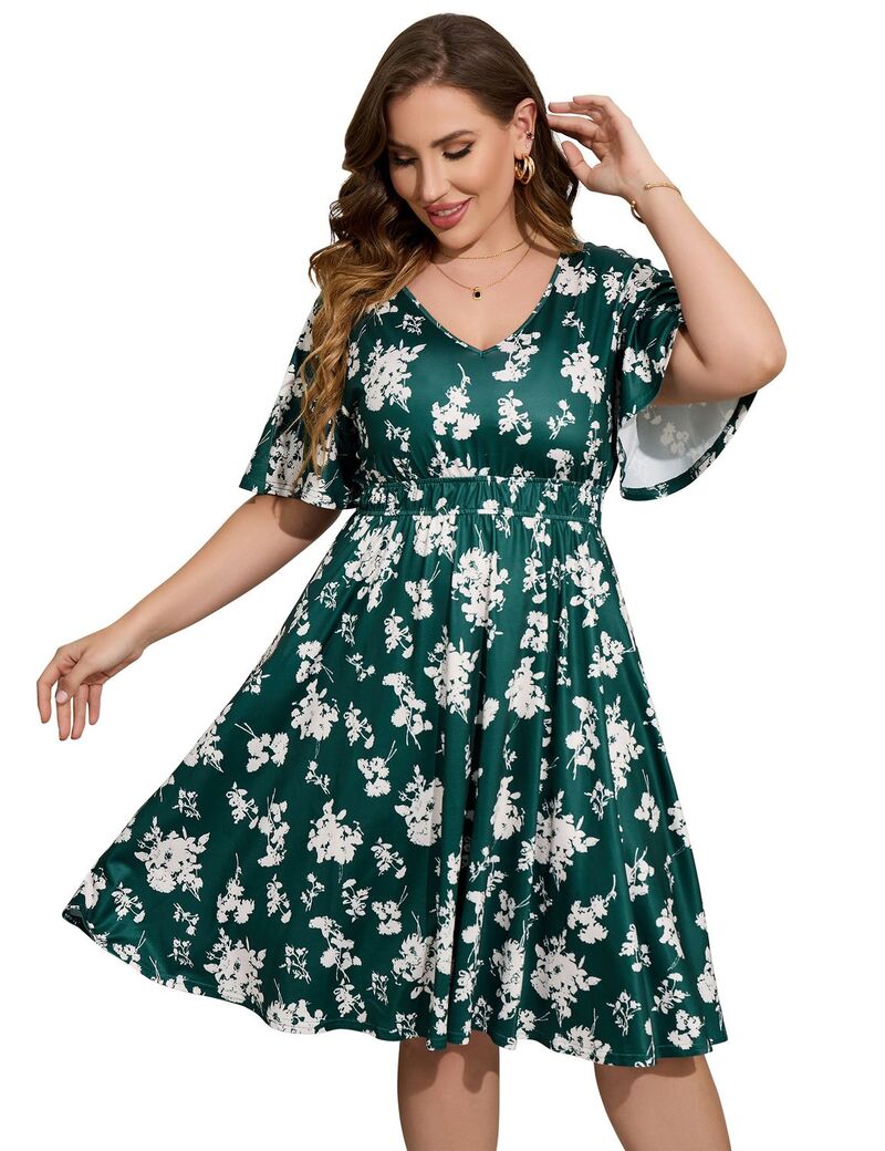 ファンジュライ レディース トップス ワンピース Vネック プラスサイズ ミディ FUNJULY Women's Plusize Short Sleeve V-Neck Midi Dress Green グリーン|ReVida 店