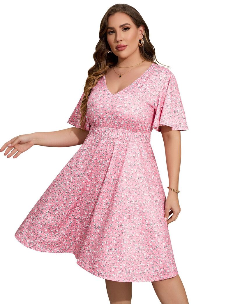 ファンジュライ レディース トップス ワンピース Vネック プラスサイズ ミディ FUNJULY Women's Plusize Short Sleeve V-Neck Midi Dress Pink ピンク｜ReVida 店