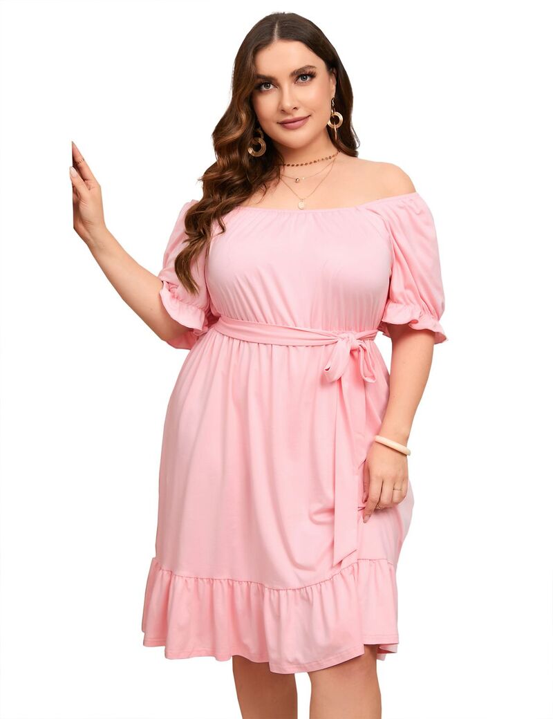 エリートチョイス レディース トップス ワンピース プラスサイズ フリル ミディ Elitechoice Women's Plusize Short Sleeve Square Neck Ruffled Hemidi Dress Pink ピンク|ReVida 店